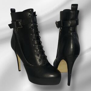 (UNISEX)Stiletto Platform Ankle Boots Lace-Up side Zippers Round Toe Boots